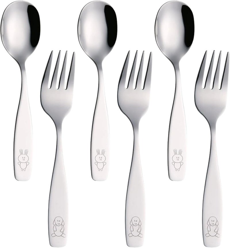 Exzact Children Flatware 6pcs - 3 x Forks, 3 x Spoons - Toddler Utensil Kids Silverware Cutlery Stainless Steel - Dishwasher Safe - Image 1